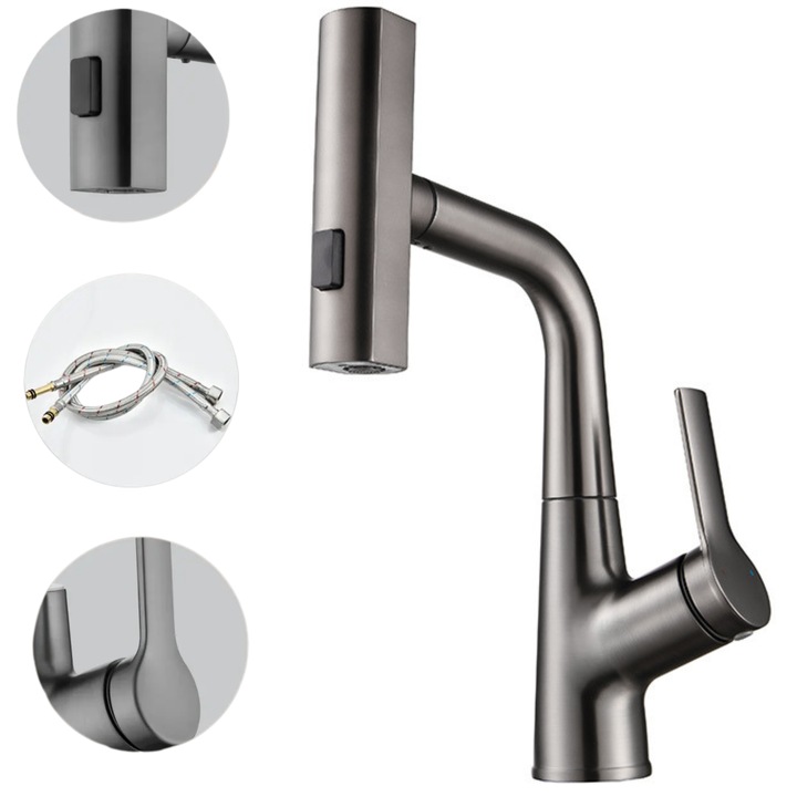 Смесител за кухненска мивка, Неръждаема стомана, Включени връзки, Керамичен патрон, Изтеглящ се душ кран, Въртене на 360°, 3 режима на потока, Устойчив на ръжда и корозия