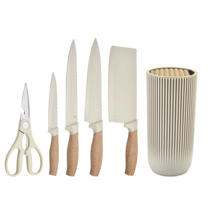 Set de cutite profesionale 6 piese MWAOWM, din otel inoxidabil german, anti-rugina, cu bloc universal, design ergonomic, culoare khaki