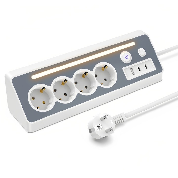 Удължител 8 в 1, 4 гнезда, 3 USB, 2 USB-C, 3680W, защита от пренапрежение, с LED, защита за деца, бял, 1,5 м