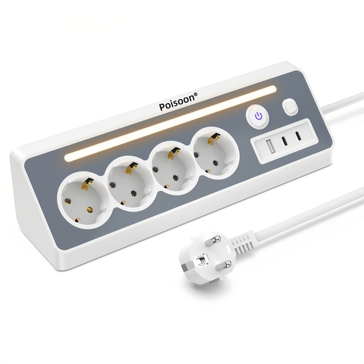Prelungitoare 8-in-1, Poisoon®,4 prize, 1 USB-A, 2 USB-C, Buton ON/OFF,3680W/16A,220V-250V, protectie la supratensiune, protectie copii，cu LED，Lumina de veghe，1.5m，alb