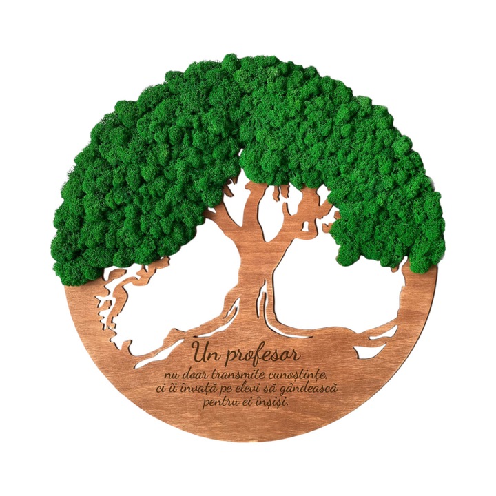 Tablou Copacul Vietii cu Mesaj Personalizat si Licheni Stabilizati, Lemn de Mesteacan, Culoare Stejar - Pentru Profesori, 60 cm, Model 2