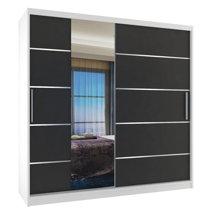 Dulap Verona MBP glisant cu oglinda SERTARE 200 cm Alb Negru