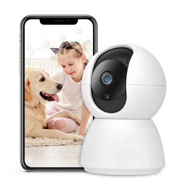 Смарт камера за наблюдение с панорама/наклон 355 градуса, 2MP, използване на режим Бебефон, нощно виждане, интелигентно откриване и известяване на хора и животни, откриване на звук, двупосочно аудио, звукова и светлинна аларма
