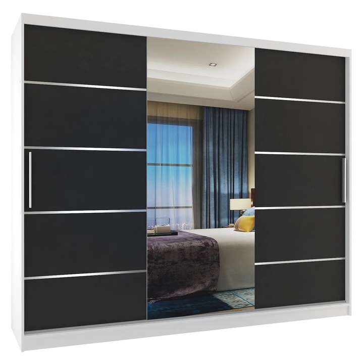 Dulap Verona MBP glisant cu oglinda SERTARE 232 cm Alb Negru