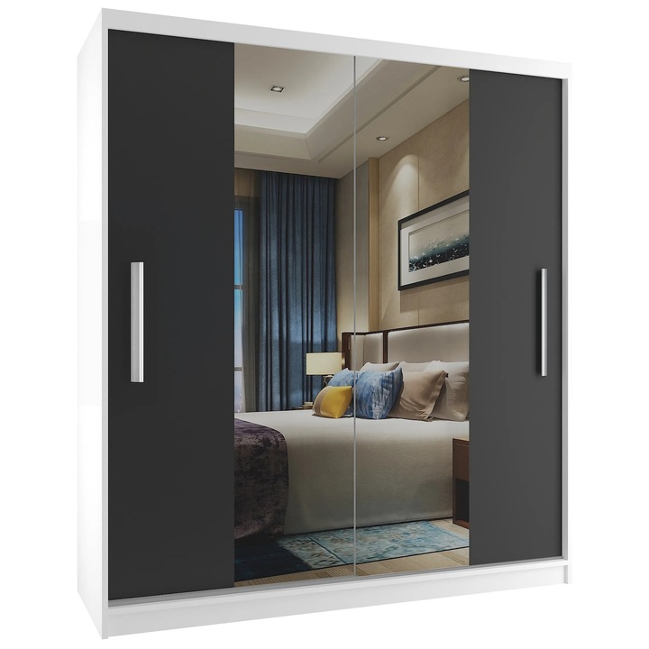 Dulap Verona ME glisant cu oglinda 133 cm Alb Negru