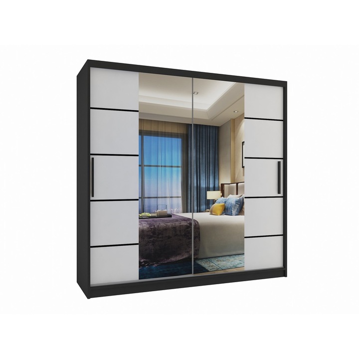 Dulap glisant Belini Verona, 2 usi, 2 sertare, 200x60x216cm, alb/negru