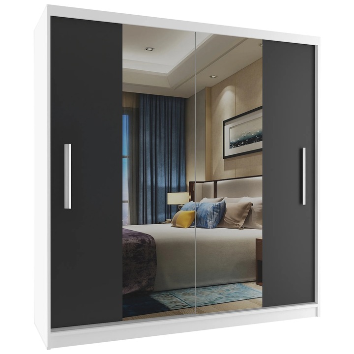 Dulap glisant Belini Verona, 2 usi, 216x158x60cm, alb/negru, 4 rafturi, 2 bare haine