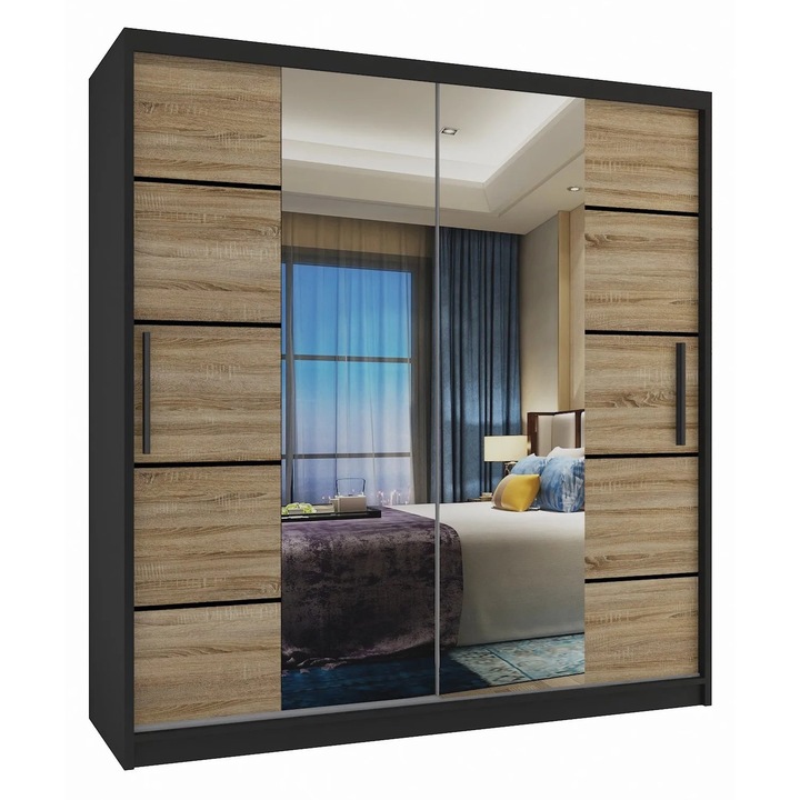 Verona ME eltolható szekrény tükrös Fiókok 158 cm Fekete Sonoma Tölgy