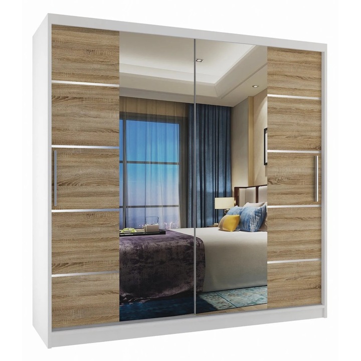 Verona ME eltolható szekrény tükrös Fiókok 200 cm Sonoma fehér tölgy