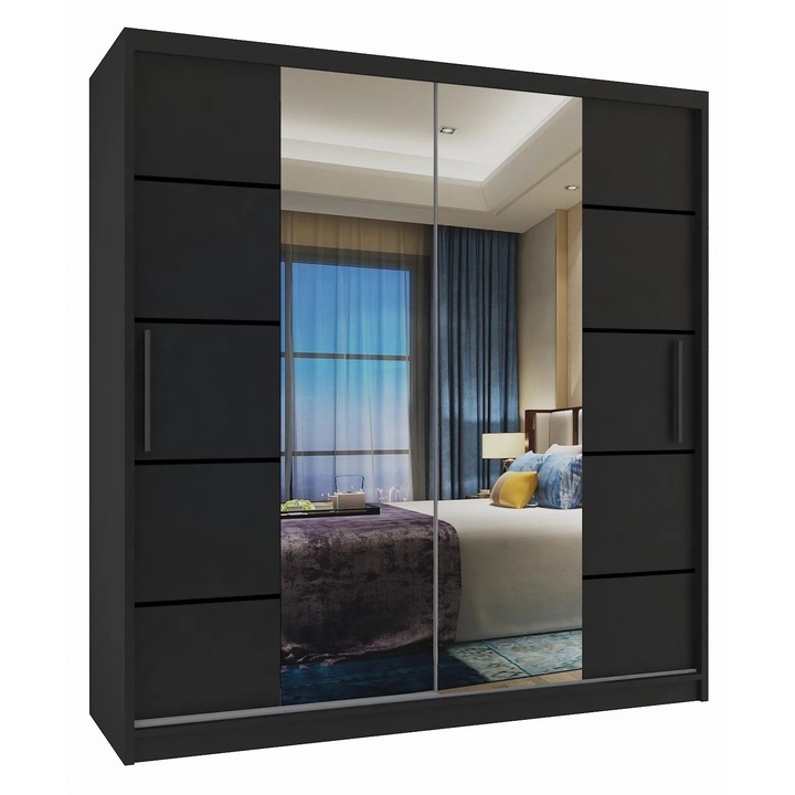 Dulap glisant Belini Verona, 2 usi, 2 sertare, 3 rafturi, negru, 158x60x216cm