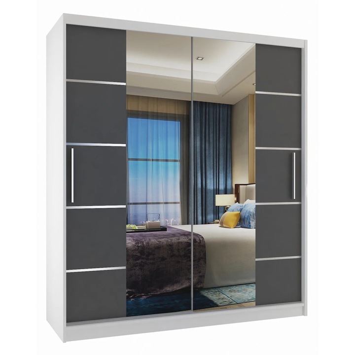 Dulap glisant Belini Verona, 2 usi, 2 sertare, alb-gri, 133x216x60cm