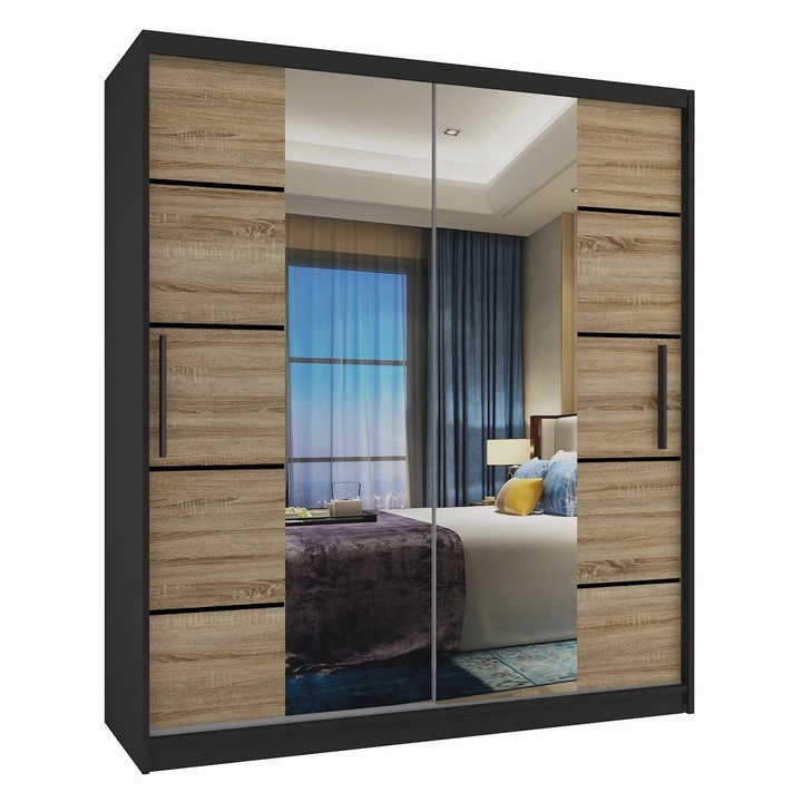 Verona ME eltolható szekrény tükrös Fiókok 133 cm Fekete Sonoma Tölgy