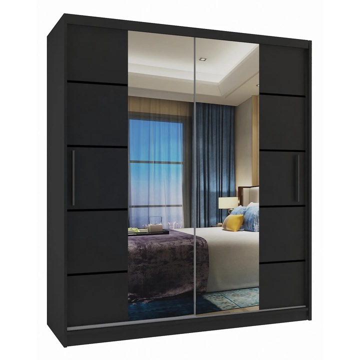 Dulap glisant Belini Verona, 2 usi, 2 sertare, 3 rafturi, negru, 133x60x216cm