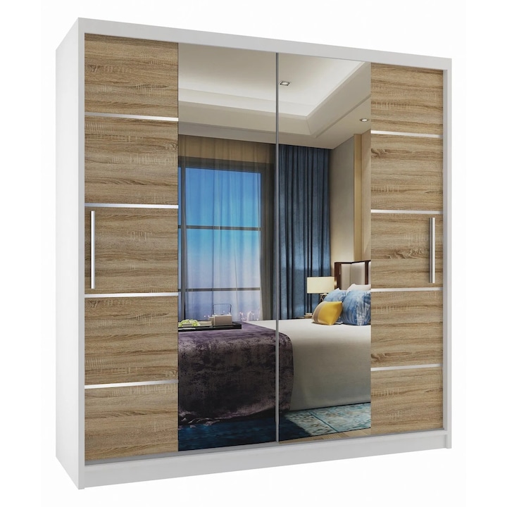 Verona ME eltolható szekrény tükrös Fiókok 158 cm Sonoma fehér tölgy