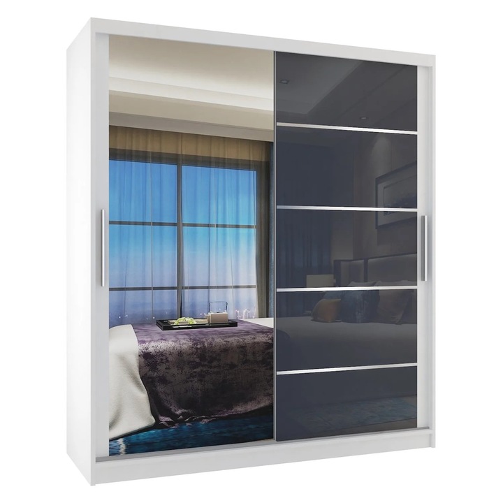 Dulap glisant Belini Verona, 2 usi, 2 sertare, alb-gri, 133x216x60 cm