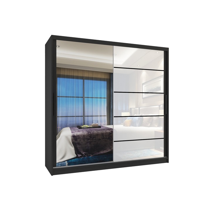 Dulap glisant Belini Verona, 2 usi, 2 sertare, 200x60x216cm, alb cu negru