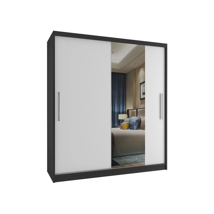 Sifonier glisant Belini Verona, 2 usi, 133x216x60cm, Eco Wood, alb/negru, cu rafturi