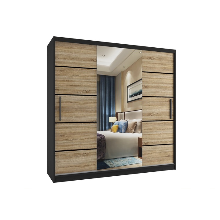 Dulap Verona MT glisant cu oglinda SERTARARE 200 cm Stejar Sonoma Negru