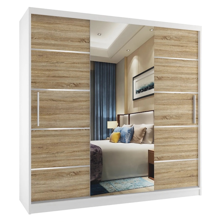 Verona MT eltolható szekrény tükrös Fiókok 200 cm fehér tölgy Sonoma