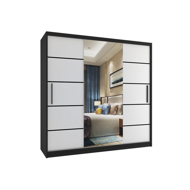 Dulap Verona MT glisant cu oglinda SERTARE 200 cm Negru Alb