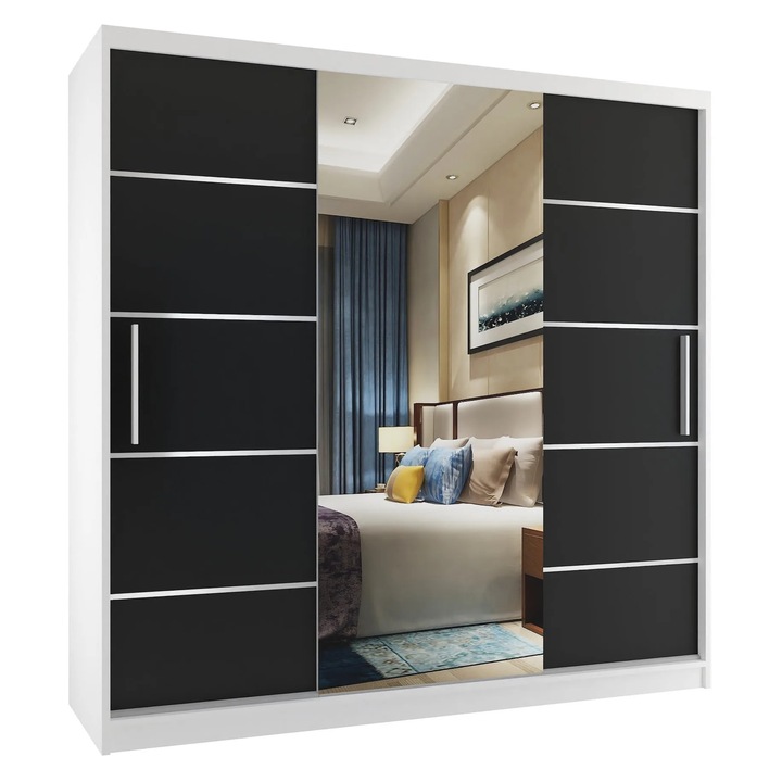 Dulap Verona MT glisant cu oglinda SERTARARE 200 cm Alb Negru