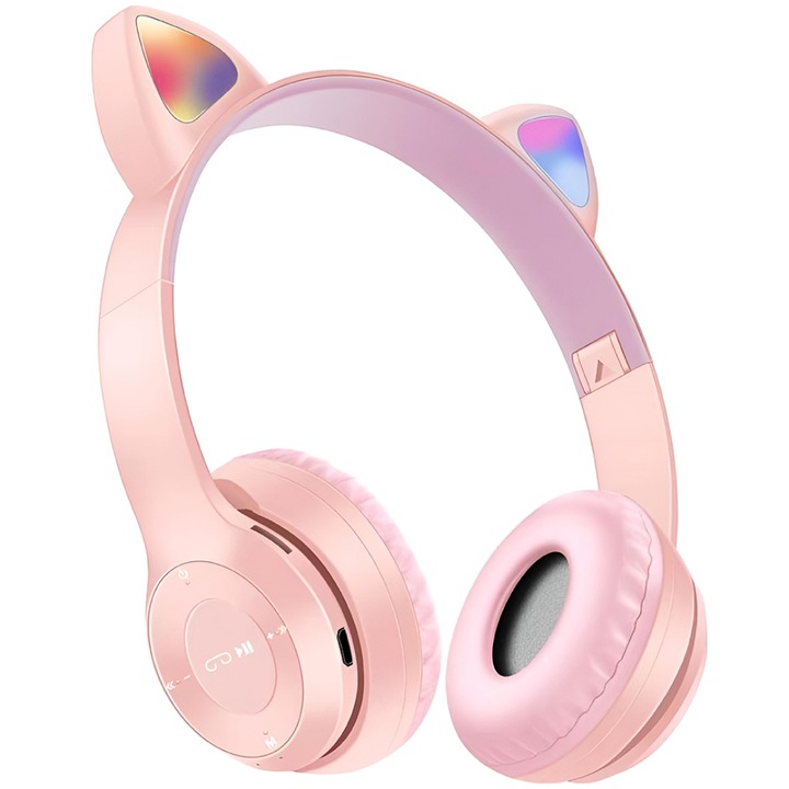 Casti stereo wireless Macvi® P47, urechi pisica, Bluetooth 5.0, radio FM, reducere zgomot, pliabile, slot card, roz