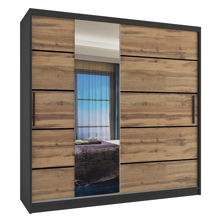 Dulap Verona MBP glisant cu oglinda SERTARE 200 cm Stejar Wotan Negru