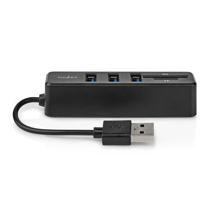 HUB USB, USB 2.0, 1x conector USB-A, 3x mufa USB A, cititor de carduri SD si MicroSD, alimentat prin USB, negru