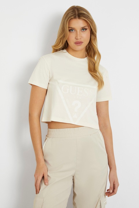 Guess, Tricou crop pentru fitness Adele, Alb fildes/Bej deschis