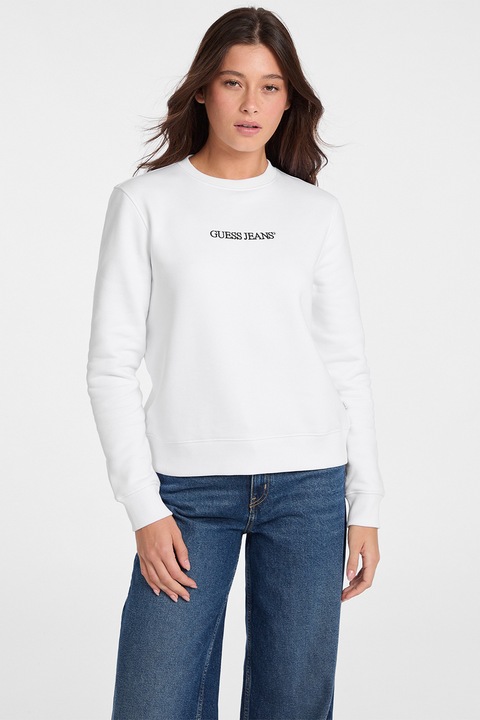 GUESS JEANS, Bluza de trening cu decolteu la baza gatului si logo, Alb