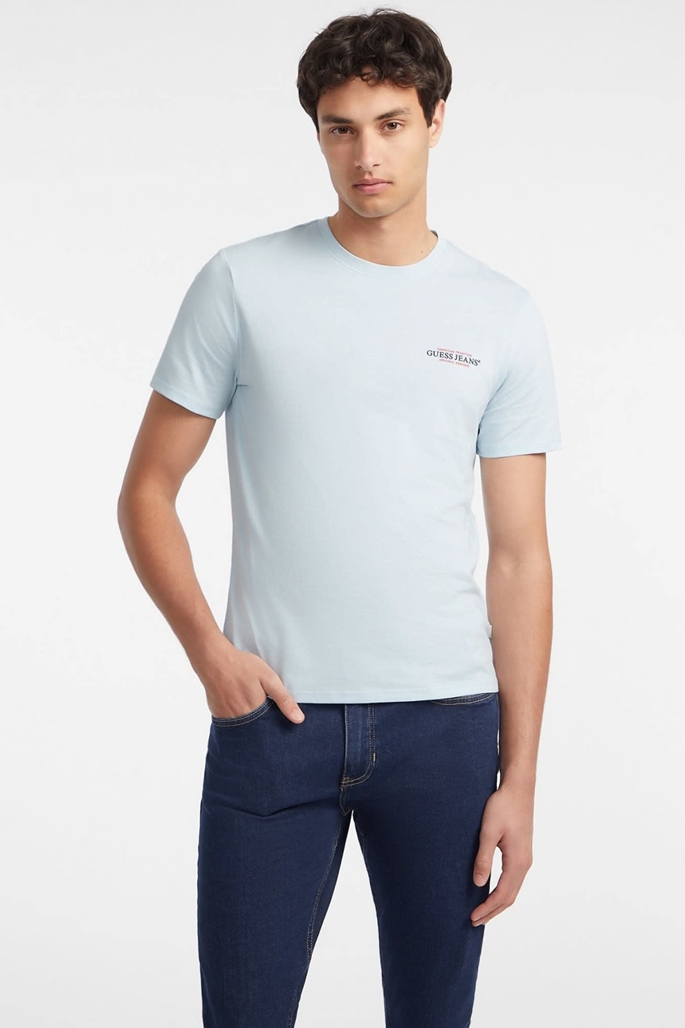 GUESS JEANS, Tricou slim fit cu decolteu la baza gatului, Albastru glaciar, S