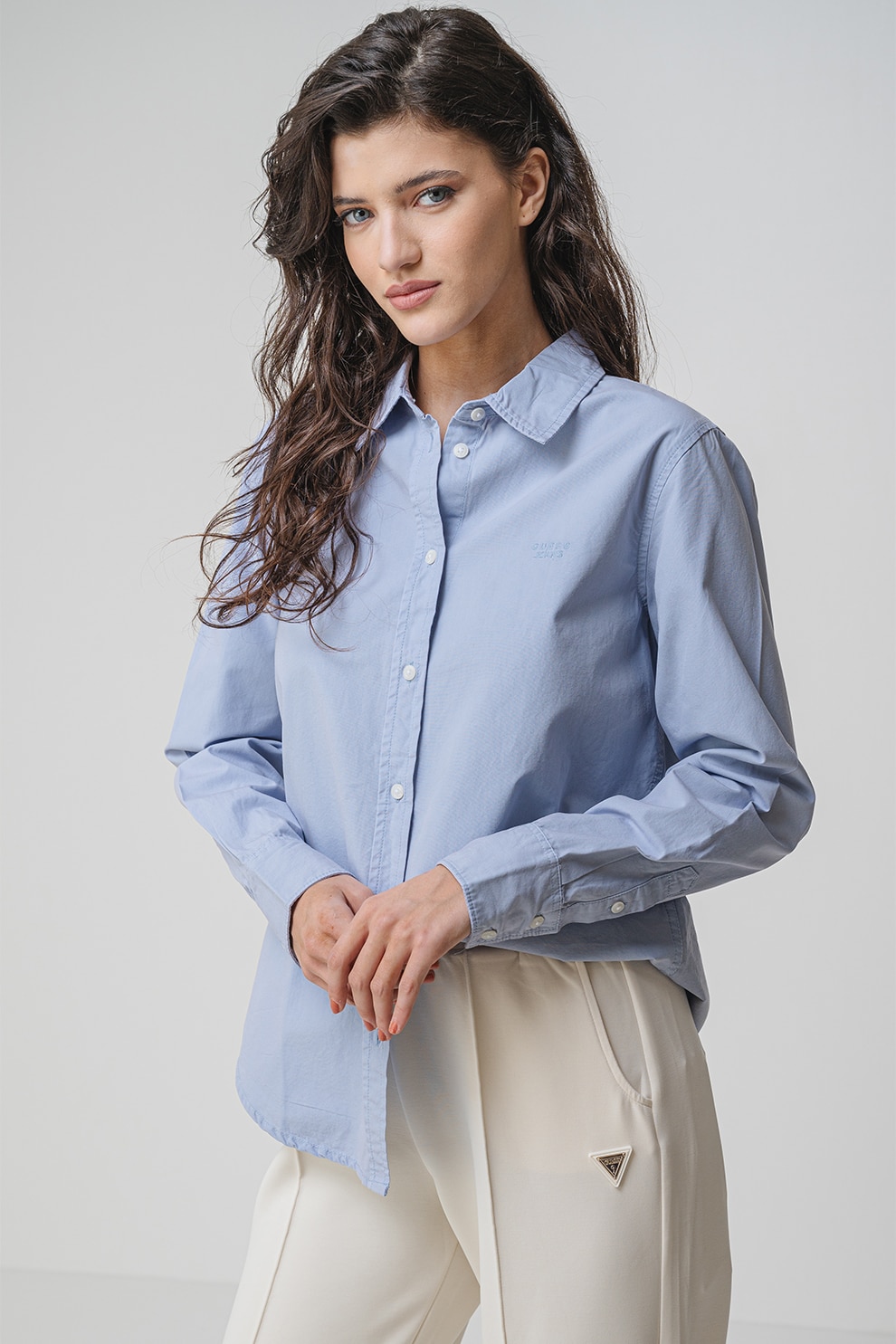 GUESS JEANS, Camasa uni de bumbac cu guler clasic, Albastru deschis, XS