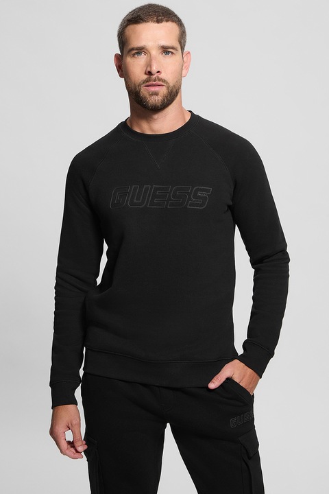 GUESS, Bluza de trening cu decolteu la baza gatului, Negru