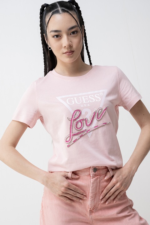 Guess, Tricou regular fit cu imprimeu logo, Fucsia, Roz deschis, L