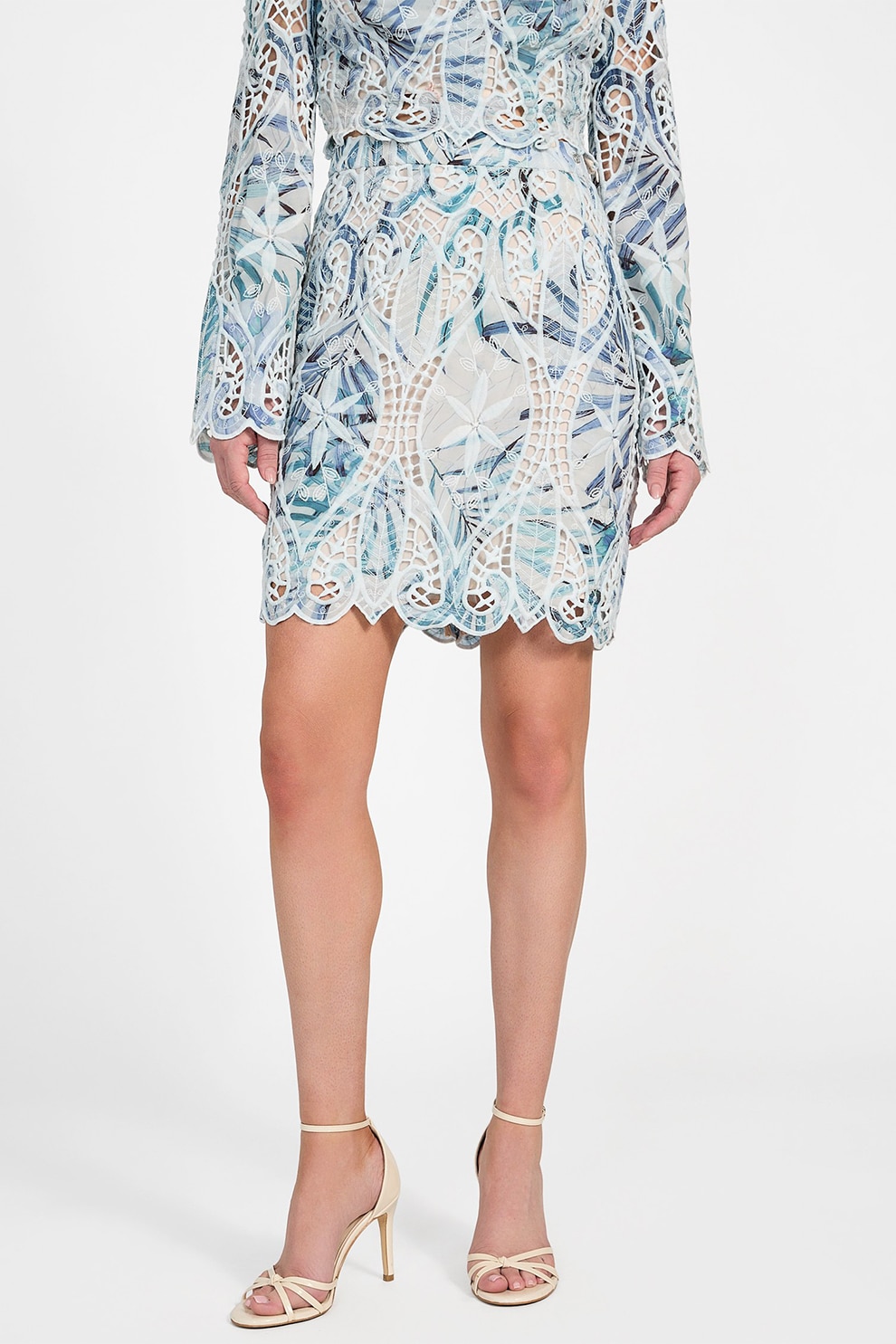 GUESS, Fusta cu talie inalta si detalii de dantela, Alb, Albastru lavanda, Bej, S