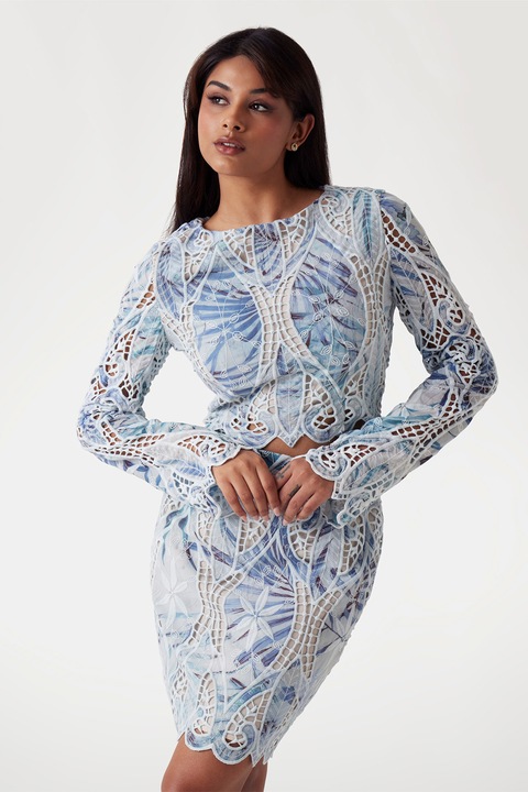 GUESS, Bluza cu decupaje, Alb/Maro cognac/Albastru lavanda