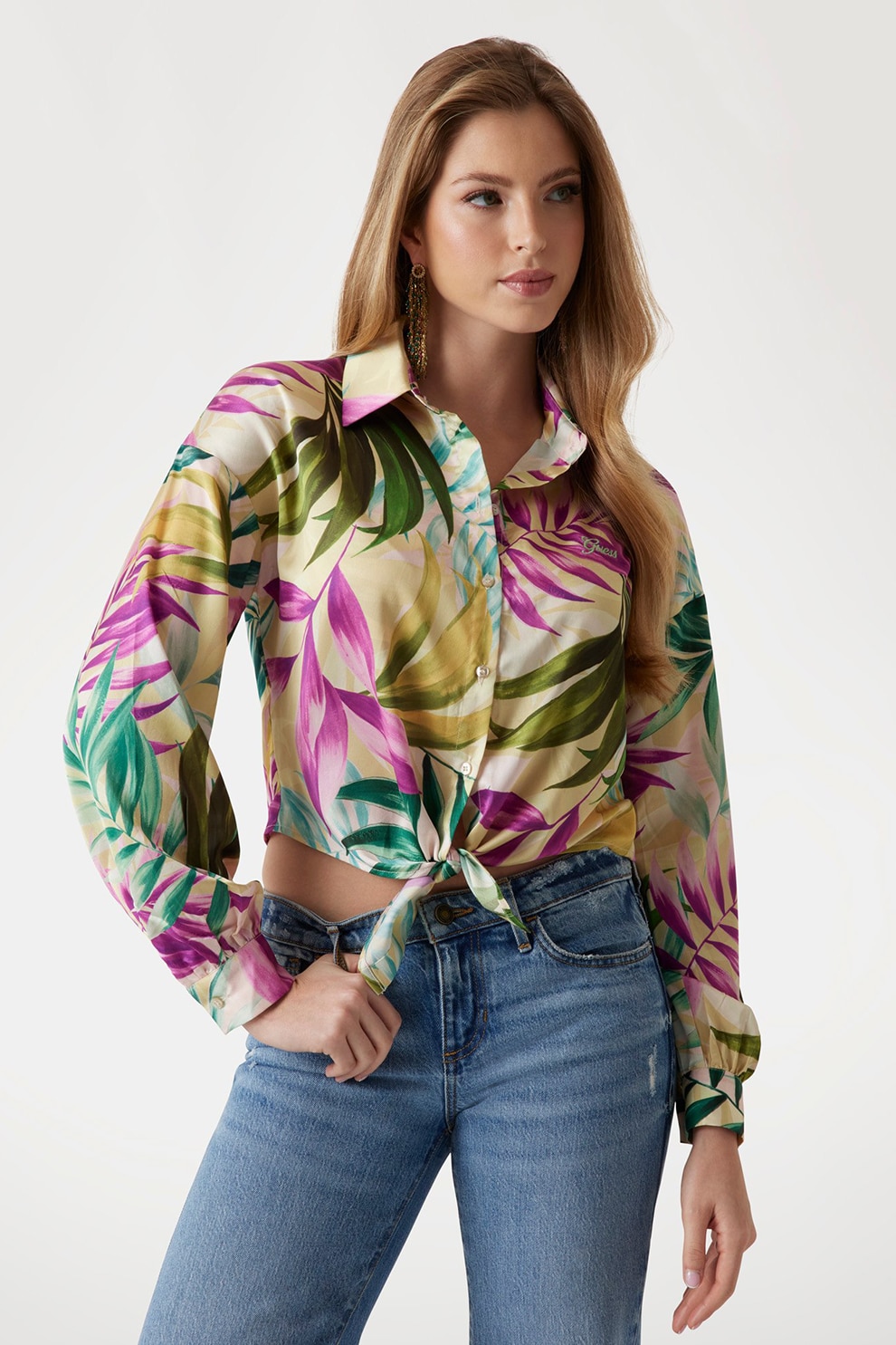 Guess, Camasa crop din satin, Verde, Fucsia, Galben pai, M