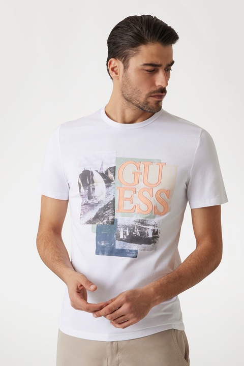 Guess, Logós póló mintával a hátoldalán, Fehér/Koptatott fekete/Halvány narancssárga, S