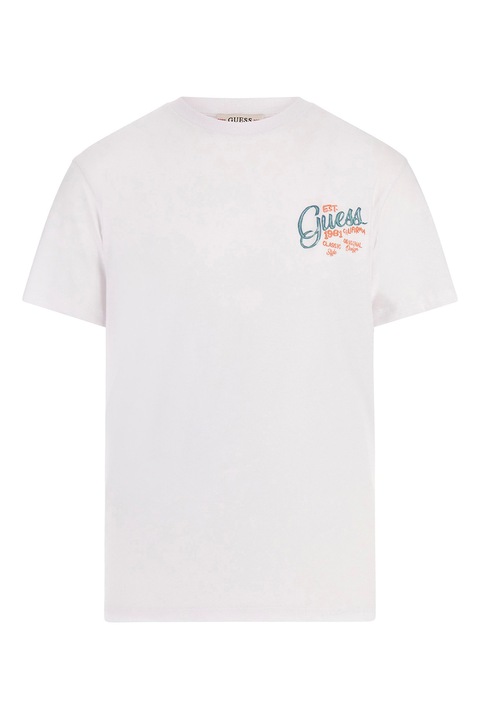 GUESS, Tricou cu decolteu la baza gatului si imprimeu pe spate, Alb/Verde deschis/Albastru deschis