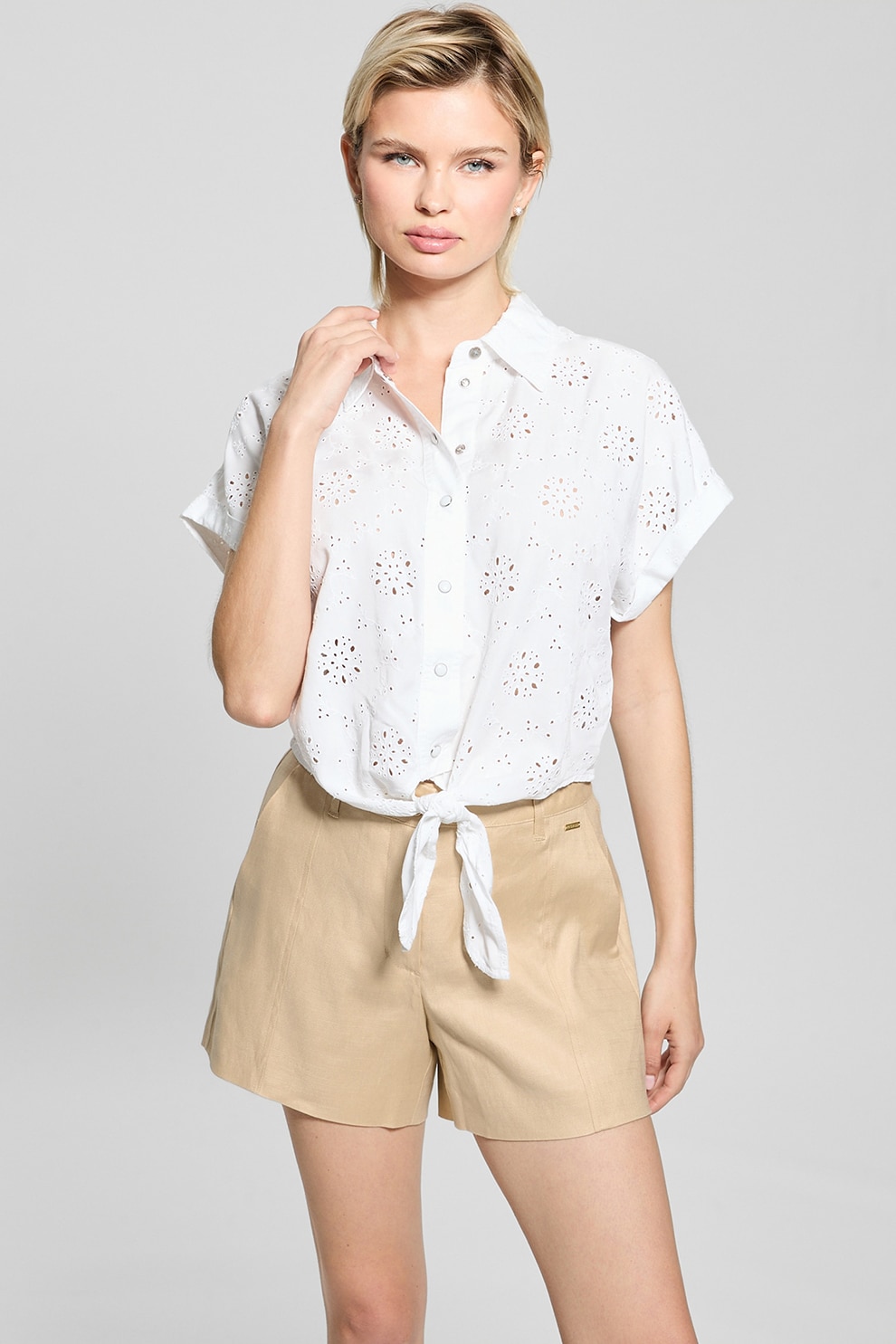 Guess, Camasa din lyocell cu broderie si maneci scurte, Alb optic, Transparent, M