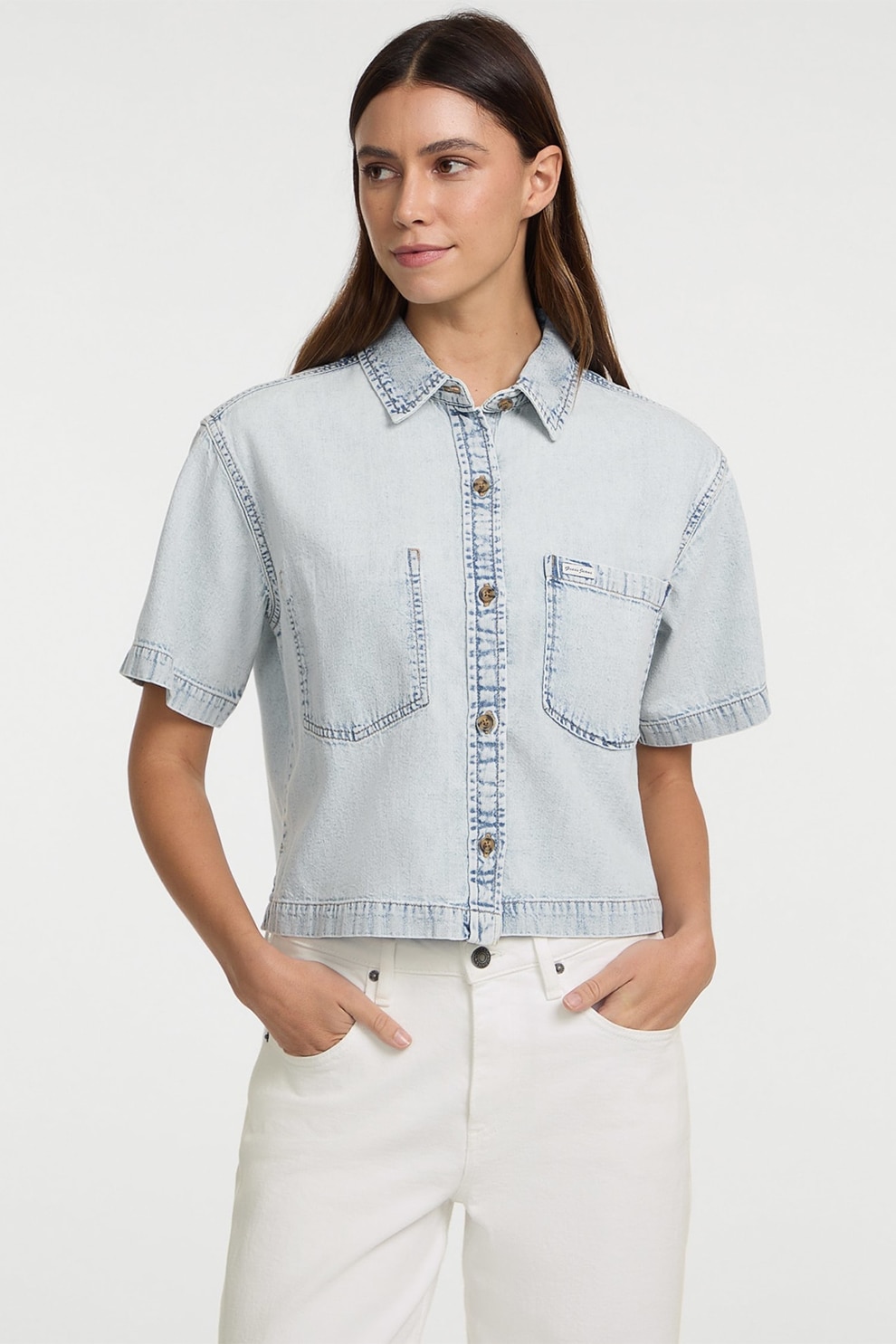 GUESS JEANS, Camasa de denim cu aspect decolorat, Albastru glaciar, M