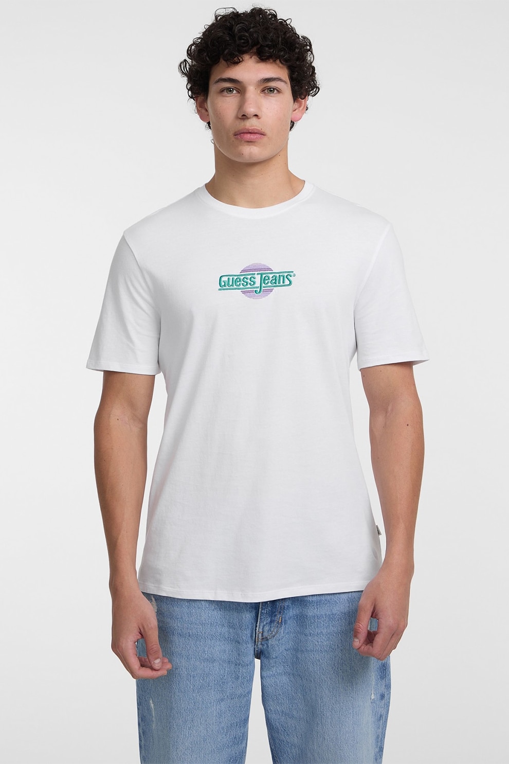 GUESS JEANS, Tricou regular fit cu decolteu la baza gatului, Alb, Lila, Verde persan, 2XL