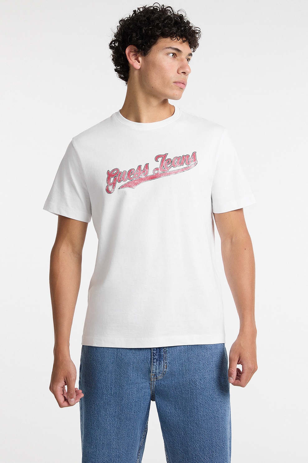 GUESS JEANS, Tricou de bumbac cu decolteu la baza gatului, Rosu stins, Alb optic, S