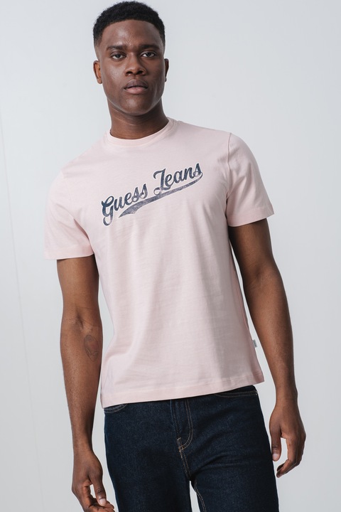 GUESS JEANS, Kerek nyakú pamutpóló, Fekete/Púderrózsaszín