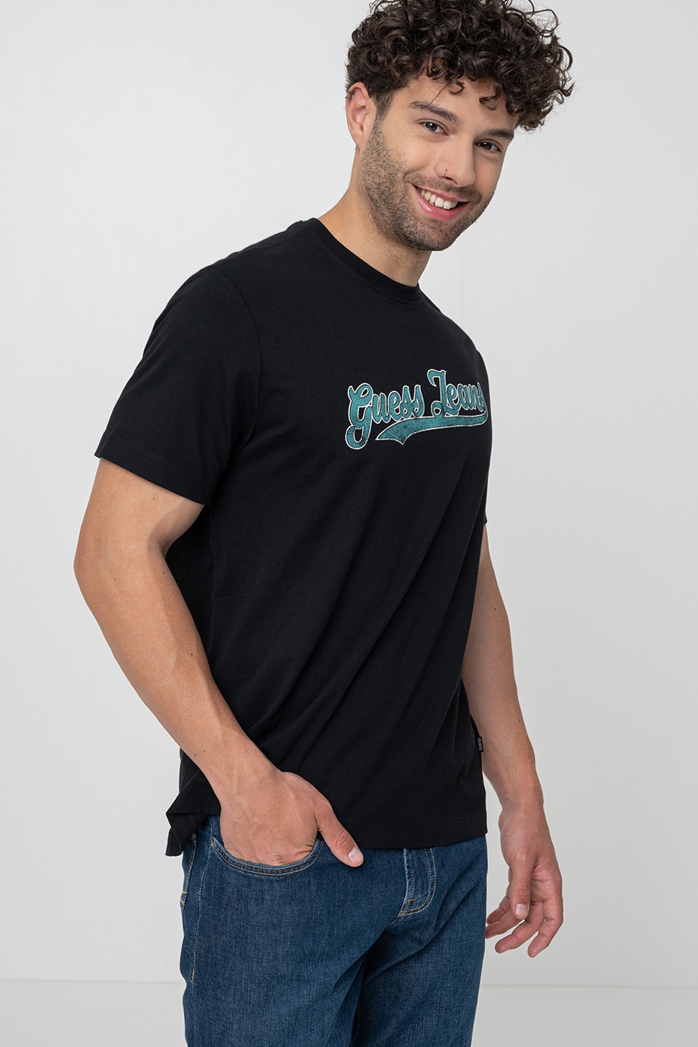 GUESS JEANS, Tricou de bumbac cu decolteu la baza gatului, Negru, Verde persan, M
