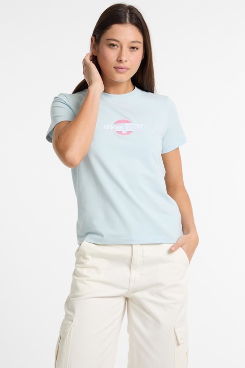 GUESS JEANS, Tricou cu decolteu la baza gatului si broderie logo pe piept, Rosu stins/Albastru glaciar