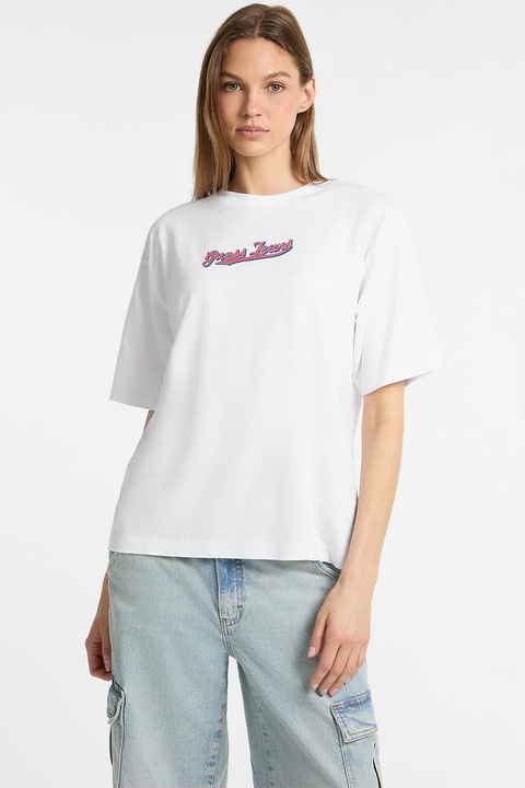 GUESS JEANS, Tricou lejer cu logo pe piept, Rosu/Alb/Albastru