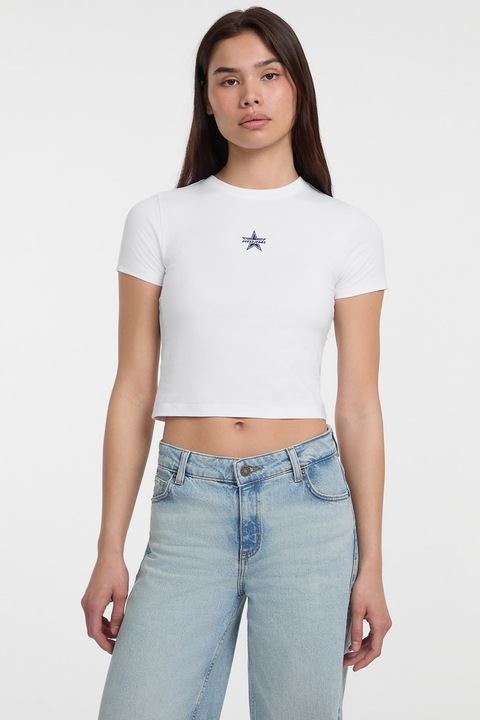GUESS JEANS, Tricou crop cu logo discret, Albastru inchis/Alb optic