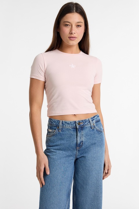 GUESS JEANS, Tricou crop cu logo discret, Roz pal