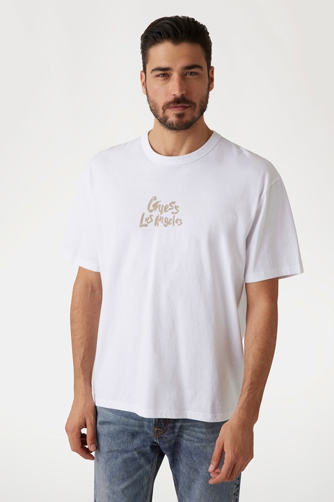 Guess, Kerek nyakú mintás póló, Homokbarna/Fehér